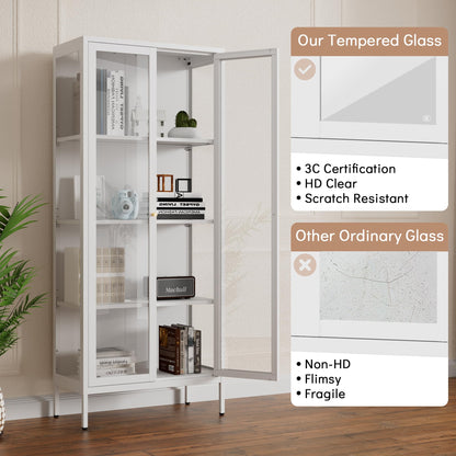 Polup Glass Display Cabinet with Doors and Shelves, White Curio Cabinet with 3 Side Tempered Glass, 66 Inch Tall Display Case for Collectibles, Metal Storage Cabinet for Living Room, Assemble Required