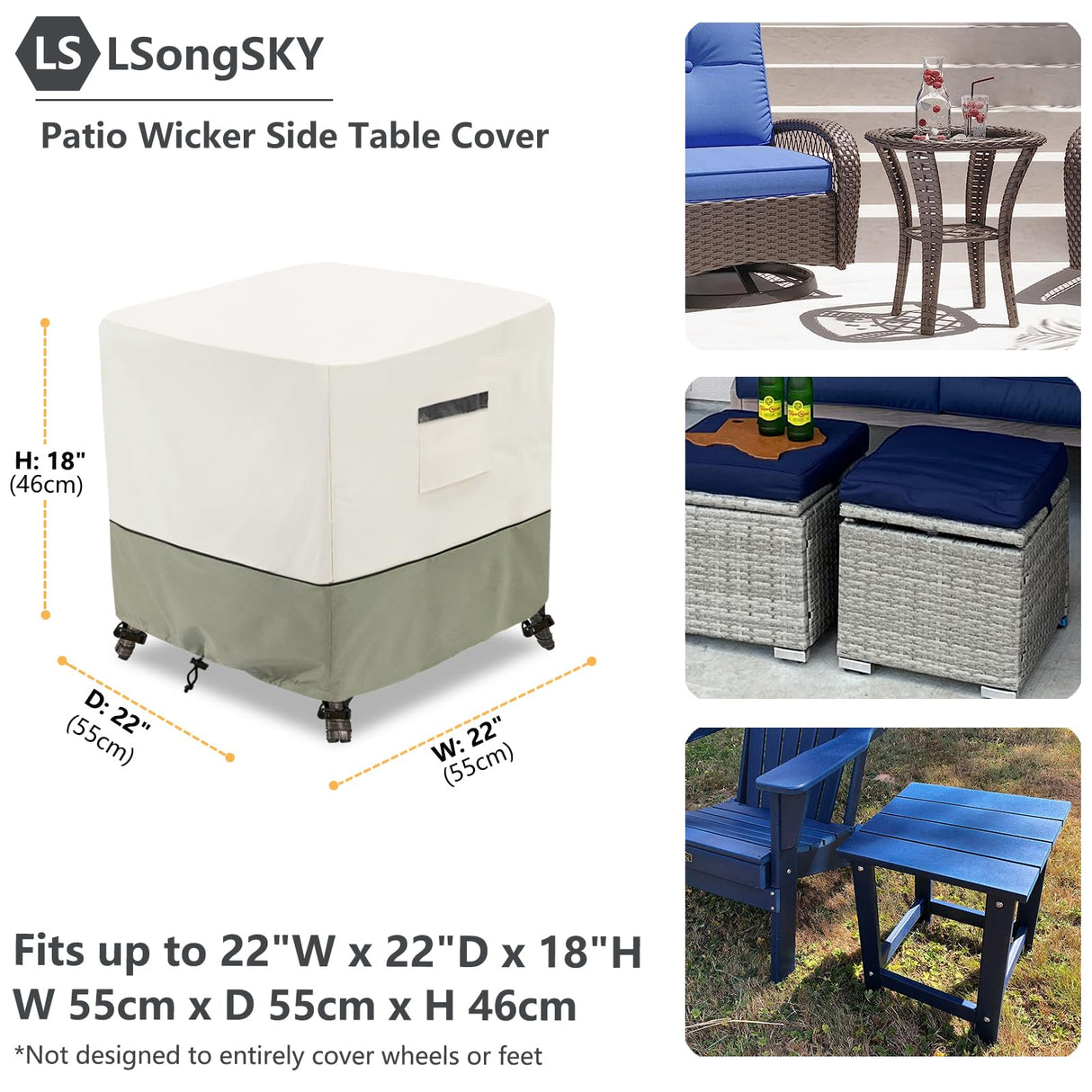 LSongSKY Patio Wicker Side Table Cover,Waterproof Square Patio Small Side Table Cover,Suitable for 3-Piece Outdoor Wicker Patio Bistro Set Side Table,22W x 22D x 18H inch. LSongSKY