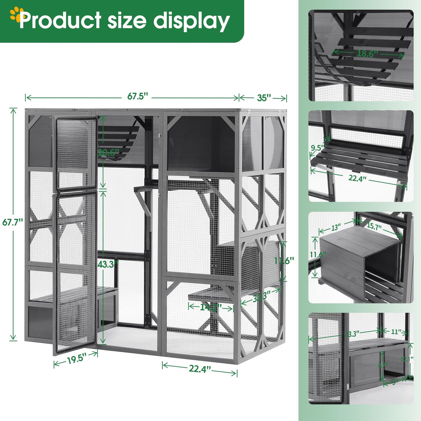 Miscoos Outdoor Wooden Cat Catio Enclosure, Super Large Entry, L67.5'', Walk-in Kitten Cage with Bouncy Bridge, Platforms, Small Houses, Dark Grey Sunshine Board - Ideal for Safe Play and Relaxation