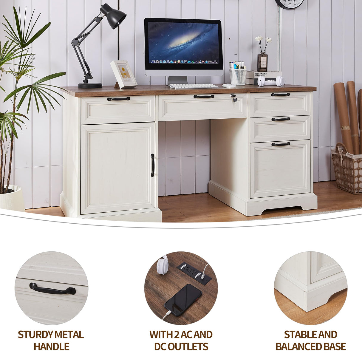 boknight 60" Farmhouse Executive Desk with Lock,Home Office Desk with Charging Station,Executive Desk with 4 Drawers & 1 Cabinet&1 File Cabinet for Office and Home boknight