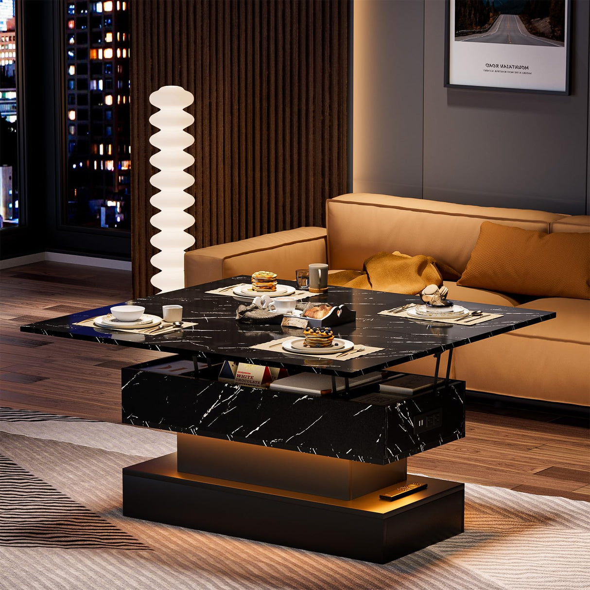 SYESWAY Lift Top Coffee Table with Charging Station, Modern High Glossy Coffee Table with LED Light, 3 in 1 Multifunctional Coffee Table with Storage & Hidden Compartments for Living Room, Black SYESWAY
