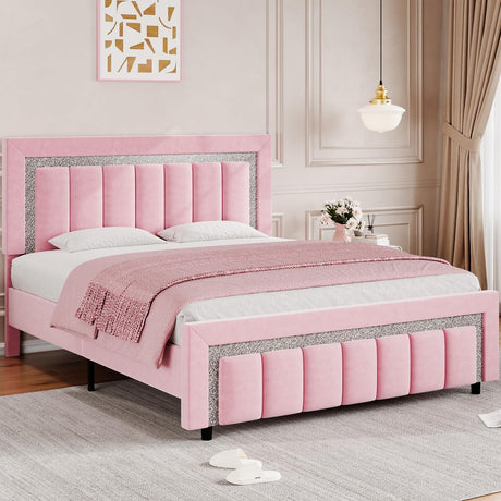 HOMBCK Queen Bed Frame, Pink Upholstered Bed Frame with Velvet Diamond Headboard, Soft Bed Frame, Vertical Channel Tufted Headboard and Footboard, No Box Spring Needed, Easy Assembly, Pink HOMBCK