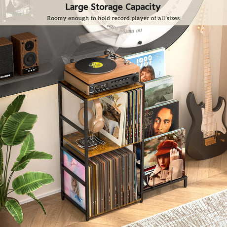 Record Player Stand, Turntable Stand with 4-Tier Vinyl Record Storage, Record Player Table Up to 200 Albums, End Table for Vinyl Records, Vinyl Record Stand for Living Room ThreeHio
