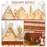 HOMCOM Christmas Advent Calendar, Light Up Table Xmas Wooden Bus Holiday Decoration with Countdown Drawer, Santa Claus Street House, for Kids and Adults HOMCOM
