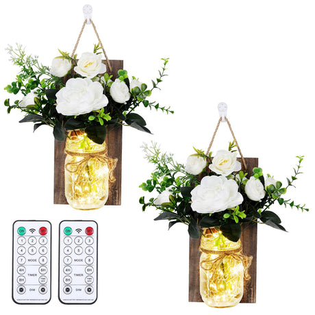 Anpro Mason Jars sconces with Lights,Decorative Mason Jar Wall Decor,Rustic Wall Sconces with 6-Hour Timer LED Fairy Lights and Flowers (2 Pack) Iron Hooks for Christmas,Halloween Decorations Anpro