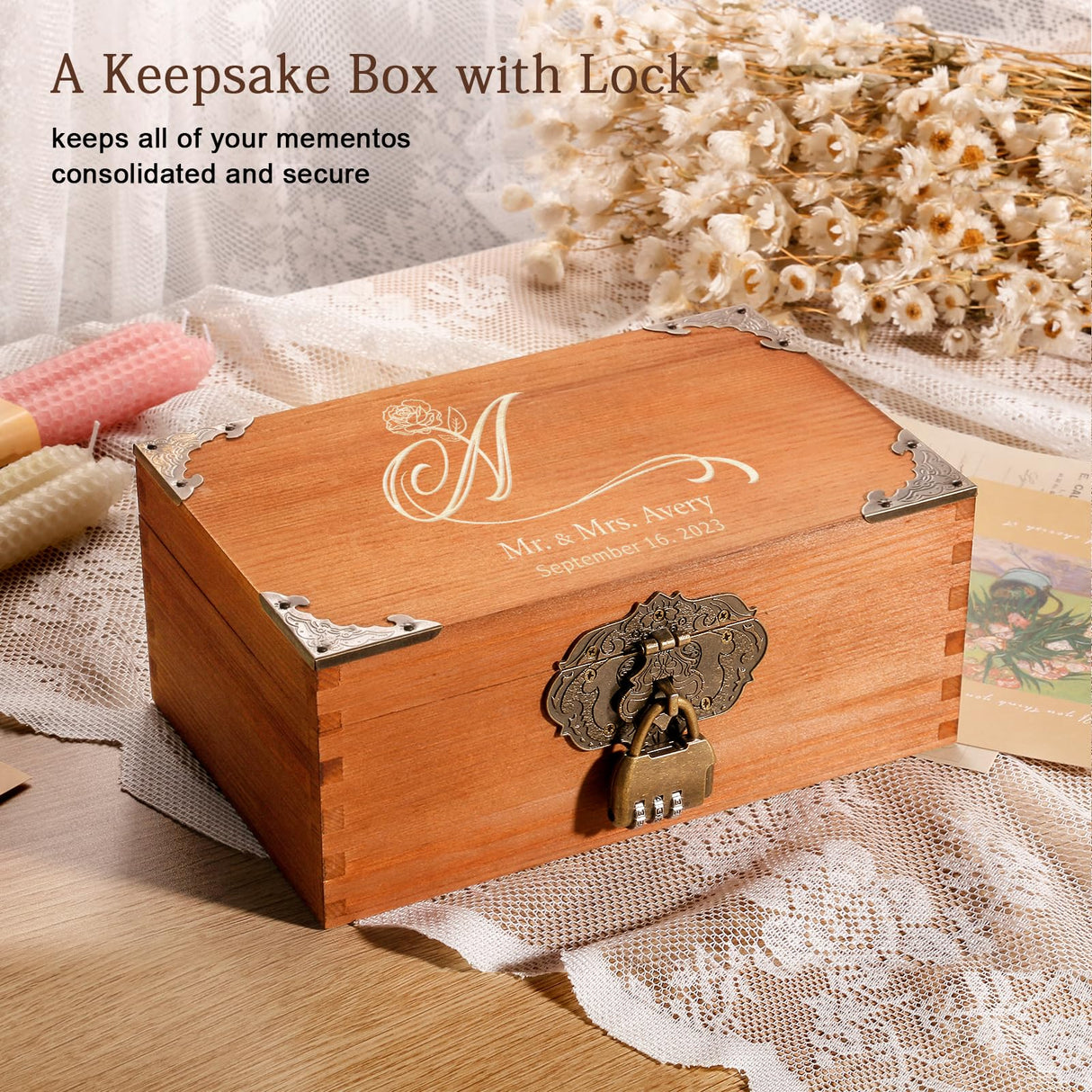TUKDAK Personalized Wedding Keepsake Box with Lock, Wooden Decorative Memory Box, Photo Storage Box, Anniversary Engagement Bridal Christmas Gift for TUKDAK