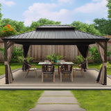 Kozyard Alexander 12‘ X 16’ Hardtop Aluminum Permanent Gazebo with a Mosquito Net and Privacy Sidewalls, Permanent Gazebo Pavilion for Patio, Backyard (Alexander 12'x16' (Brown)) Kozyard