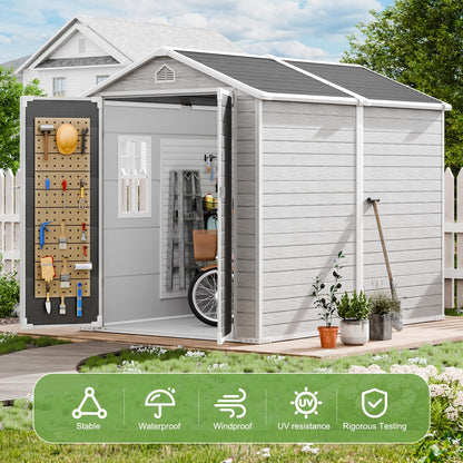 SELLERWE 8x6 FT Outdoor Storage Shed, Waterproof Thicker Resin Shed with Floor & Lockable Door & Window & Vents, Plastic Tool Shed for Backyard, Patio, Poolside, Lawn, All Weather Use, Dove G - WoodArtSupply