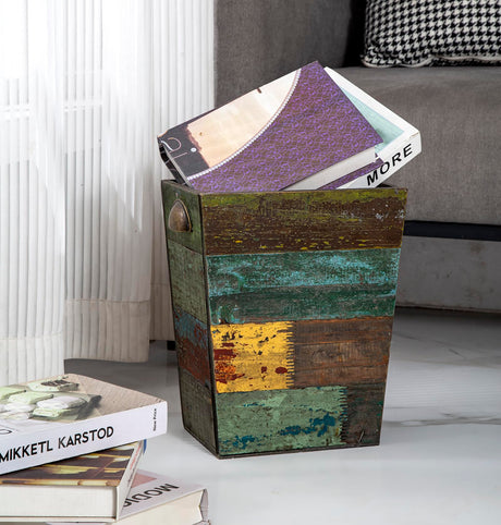 TIMRIS Small Wood Trash Can Wastebasket, Farmhouse Rectangular Garbage Can Waste Basket, Rustic Distressed Boho Wooden Trash Recycling Bin with Metal Handles, Reclaimed Wood Storage Basket (Random) TIMRIS