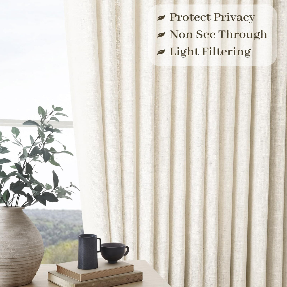 Natural Pinch Pleated Linen Curtains 84 Inch Long 2 Panels for Living Room Bedroom Country Farmhouse Thick Linen Textured Semi Sheer Back Tab Pinch Pleat Hooks Rings Window Curtain Birch Cream 7 FT Drapenova