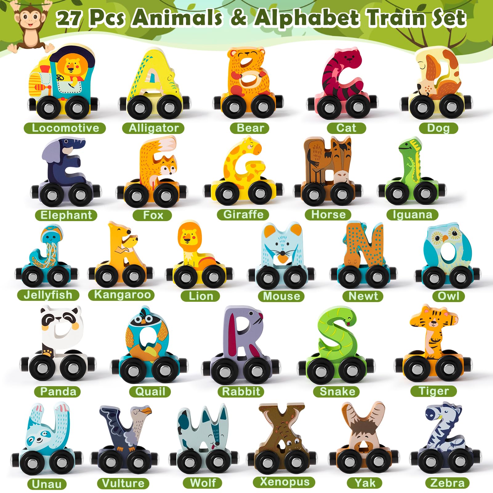 Atoylink Wooden Train Set for Toddler Toys Aged 3-5, 27 Pcs Large Magnetic Alphabet Animals ABC Learning Train Toy Kids Educational Montessori Toys for 3 4 5 Year Old Boys Girls Birthday Gift - WoodArtSupply