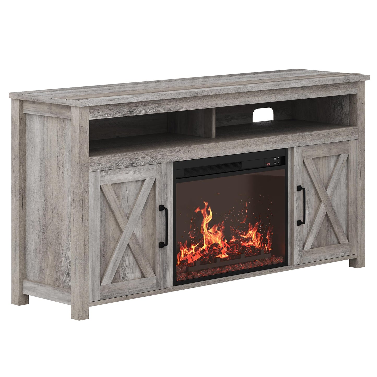 BELLEZE Barn Door Wood Electric Fireplace TV Stand for TVs up to 65 Inches Open Shelves and Cabinets Media Entertainment Center Console Table - Corin (Gray Wash)