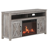 BELLEZE Barn Door Wood Electric Fireplace TV Stand for TVs up to 65 Inches Open Shelves and Cabinets Media Entertainment Center Console Table - Corin (Gray Wash) BELLEZE
