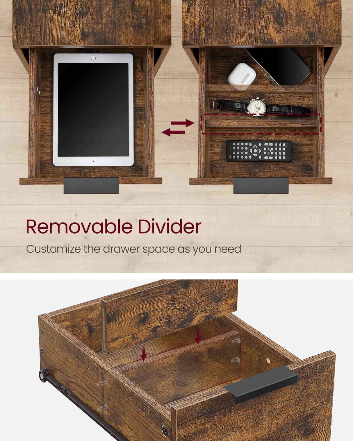 VASAGLE Side Table with Charging Station, Narrow End Table with 2 Drawers, Slim Nightstand and Bedside Table with Storage, for Small Spaces, Rustic Brown + Black VASAGLE