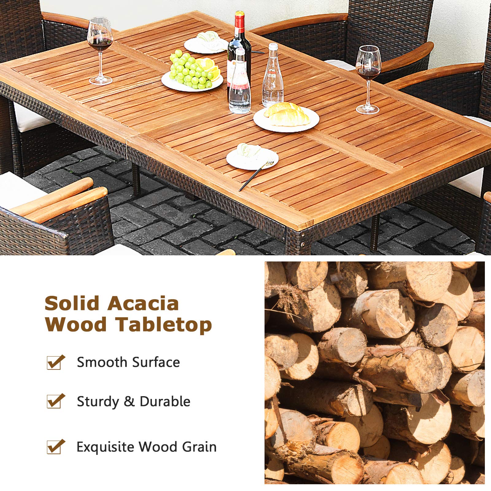 Tangkula 7 Pieces Patio Rattan Dining Set, Outdoor Conversation Set w/Acacia Wood Tabletop & Umbrella Hole, Stackable Chairs w/Soft Cushion, Table and Chair Set for Garden, Backyard (Beige) - WoodArtSupply