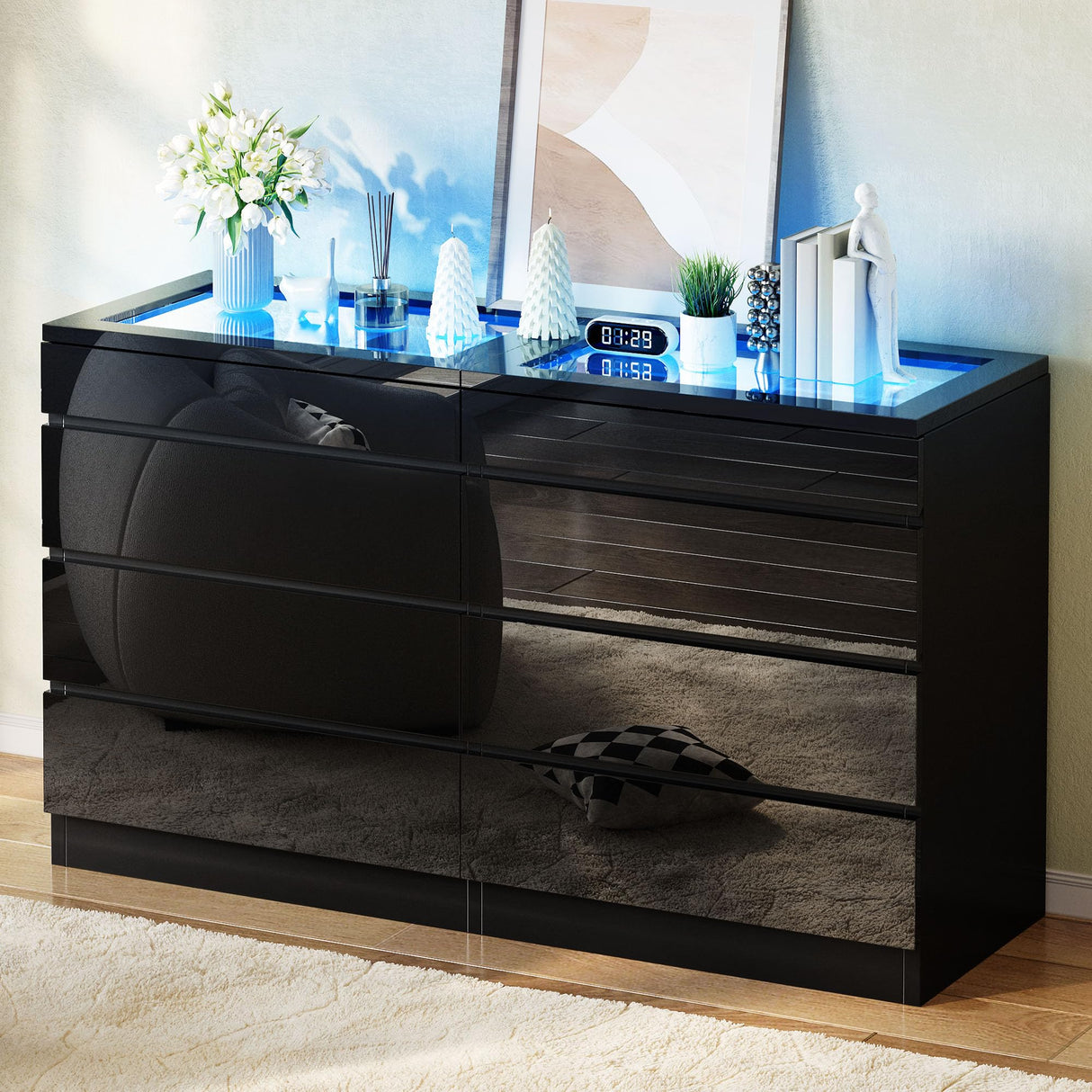 YITAHOME 8 Drawer Dresser with LED, Black Dresser, Modern 8 Chest of Drawers with Deep Drawers Glass Top High Gloss Surface, Storage Organizer Cabinet for Living Room YITAHOME