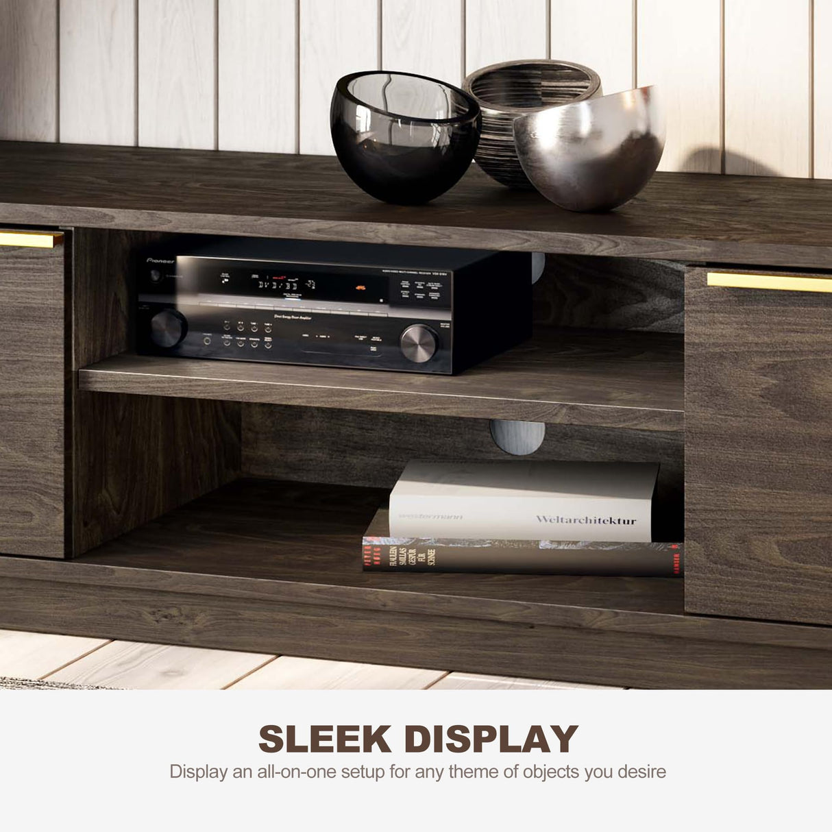 BELLEZE 69" TV Stand for TVs up to 75", Media Entertainment Center with 2-Tier Open Shelves and 2 Storage Cabinets, Wood Console Table for Living Room, Bed Room - Cayden (Brown) BELLEZE