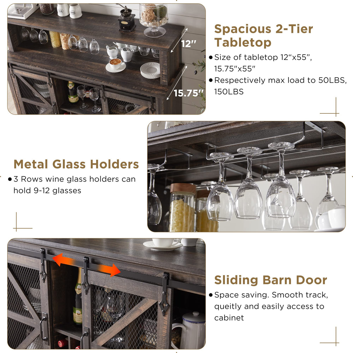 OKD Farmhouse Coffee Bar Cabinet with LED Lights, 55" Sideboard Buffet Table w/Sliding Barn Door & Wine and Glass Rack, Home Liquor Bar w/Storage Shelves for Dining Room,Dark Rustic Oak OKD