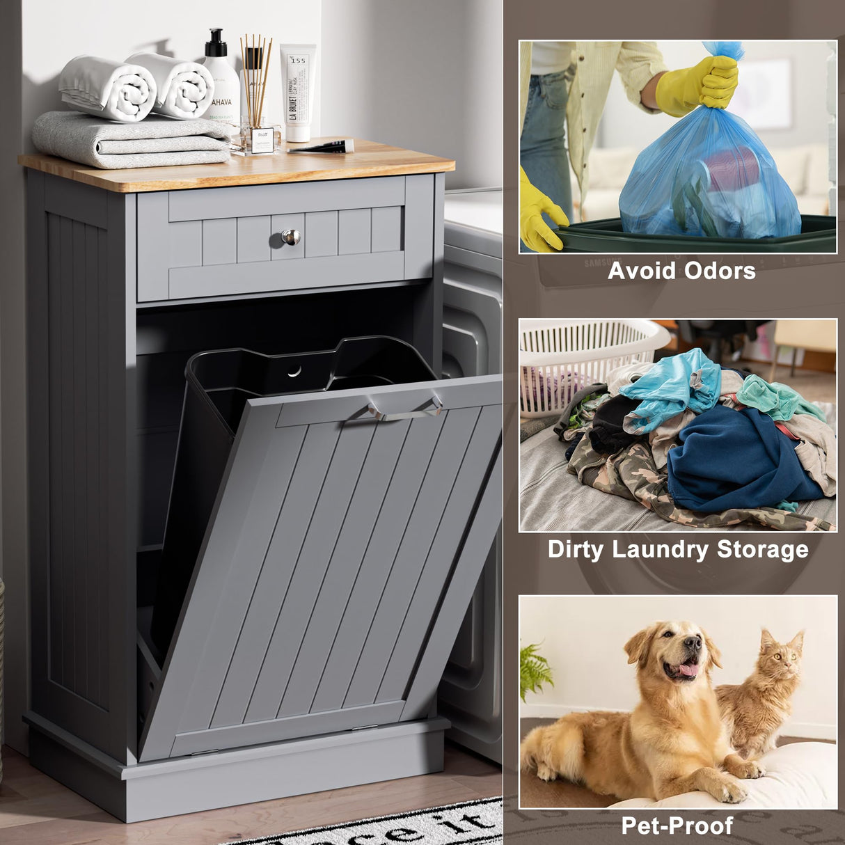 Spurgehom 13 Gallons Tilt Out Trash Cabinet Kitchen Waste Bins Free Standing Laundry Hamper Recycling Cabinet Trash Can Holder with Hideaway Drawer Pet Proof Trash Can for Living Room, Grey Spurgehom