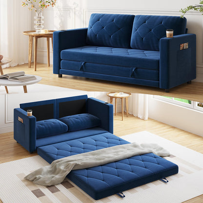 Lvifur 3-in-1 Loveseat Sleeper Sofa, Pull Out Sleeper Couch Full Size, Foldable Futon Sofa Bed for Small Space, Convertible Floor Couch with Side Pockets for Living Room (Blue)