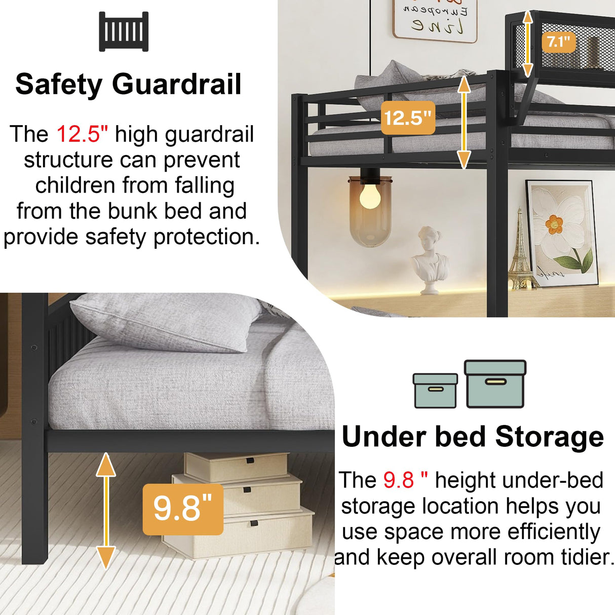 Mirightone Queen Over Queen Bunk Beds for Adults, Metal Bunk Bed Queen Size with Storage Shelf,Heavy-Duty Bunk Bed Frame with Ladder and Slats Support for Boys Girls,Space-Saving,Noise Reduced,Black Mirightone