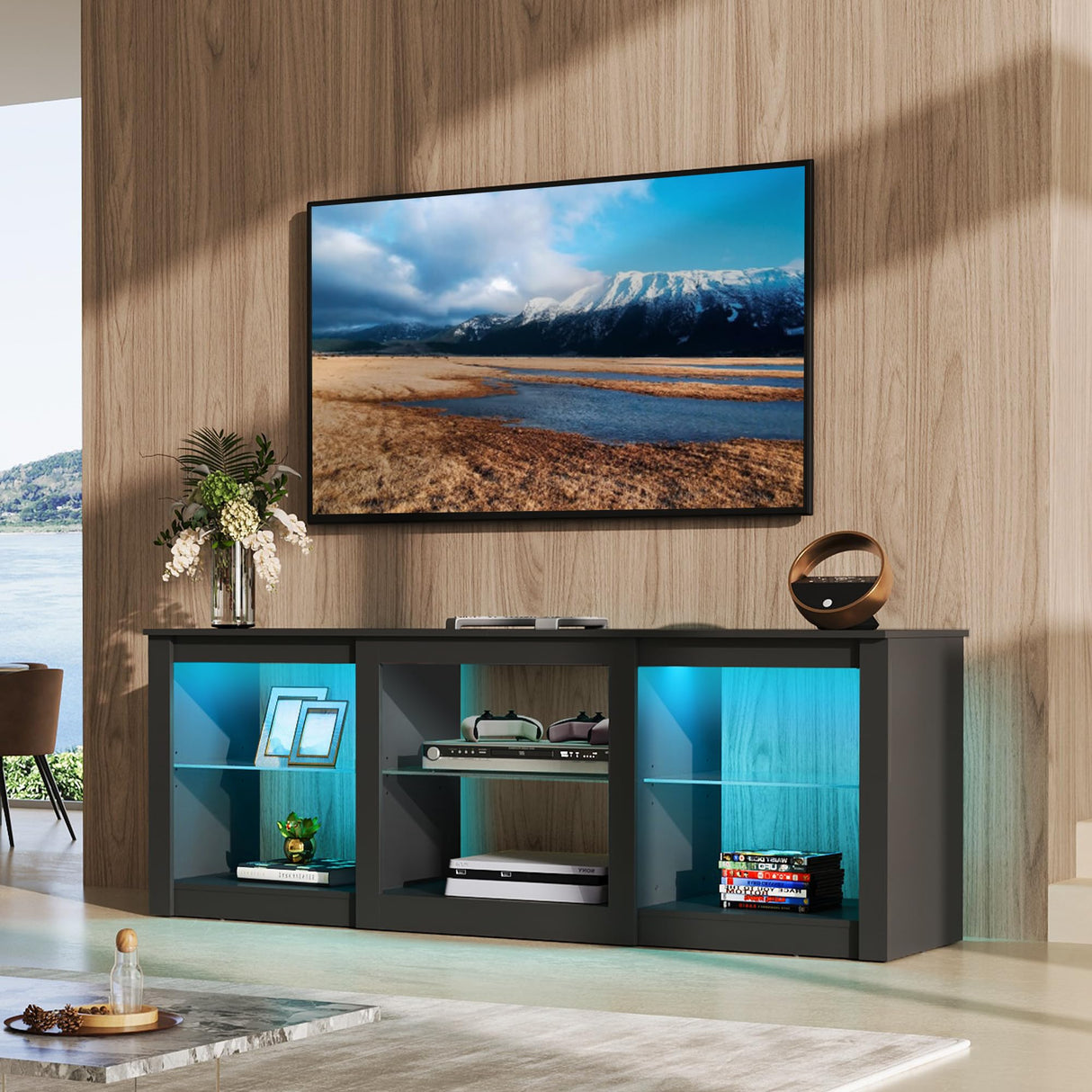 WLIVE LED TV Stand for 65 Inch TV, Modern Entertainment Center with Adjustable Glass Shelves & Customizable LED Lights, Sturdy Media Console for Living Room, Bedroom,Gaming (Black) WLIVE