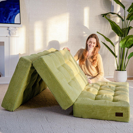 MAXYOYO Tri-Fold Mattress, 6 Inch Tufted Folding Mattress Full Foam Bed, Foldable Floor Couch Guest Bed Topper Portable Camping Sleeper with Corded Fabric, Green, 53"x75" MAXYOYO