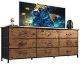 WLIVE 63''W Dresser for Bedroom, Dresser TV Stand for 65, 70, 75 inch TV, Wide Chest of Drawers with 9 Drawer, Large Entertainment Center, Fabric Dressers with Wood Top for Living Room, Rustic Brown WLIVE