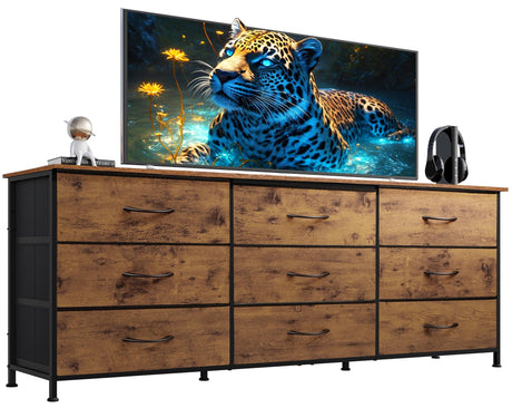 WLIVE 63''W Dresser for Bedroom, Dresser TV Stand for 65, 70, 75 inch TV, Wide Chest of Drawers with 9 Drawer, Large Entertainment Center, Fabric Dressers with Wood Top for Living Room, Rustic Brown WLIVE
