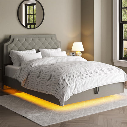 Queen Size Lifting Upholstered Bed Frame with Adjustable Headboard, Storage Space & LED Lighting - WoodArtSupply