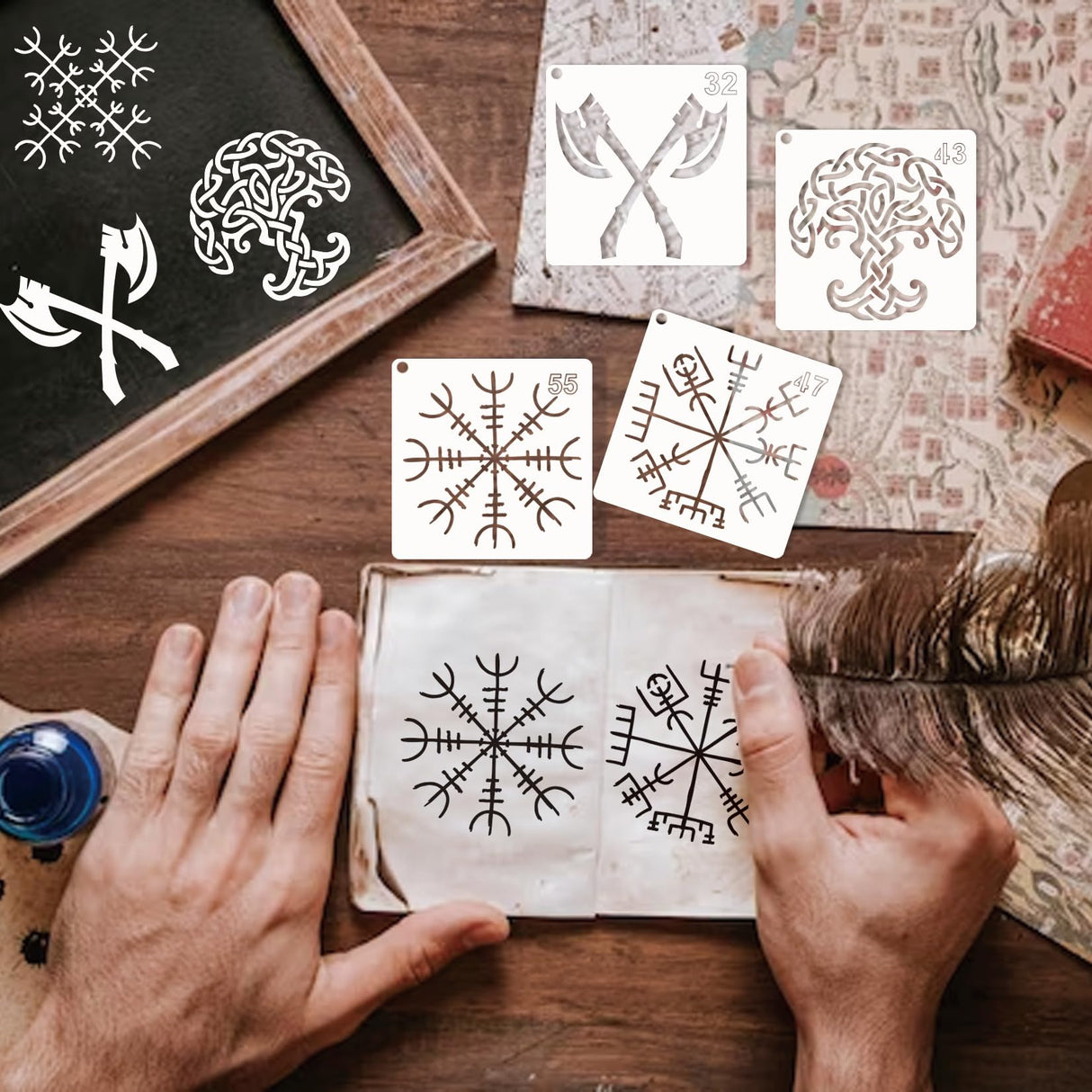 60pcs Runes Stencils for Painting on Wood Burning Patterns Tree of Life Stencils Nature Stencil Tree Paint Template on Art Craft Canvas Wall Fabric Rock (60runes) yhslmh