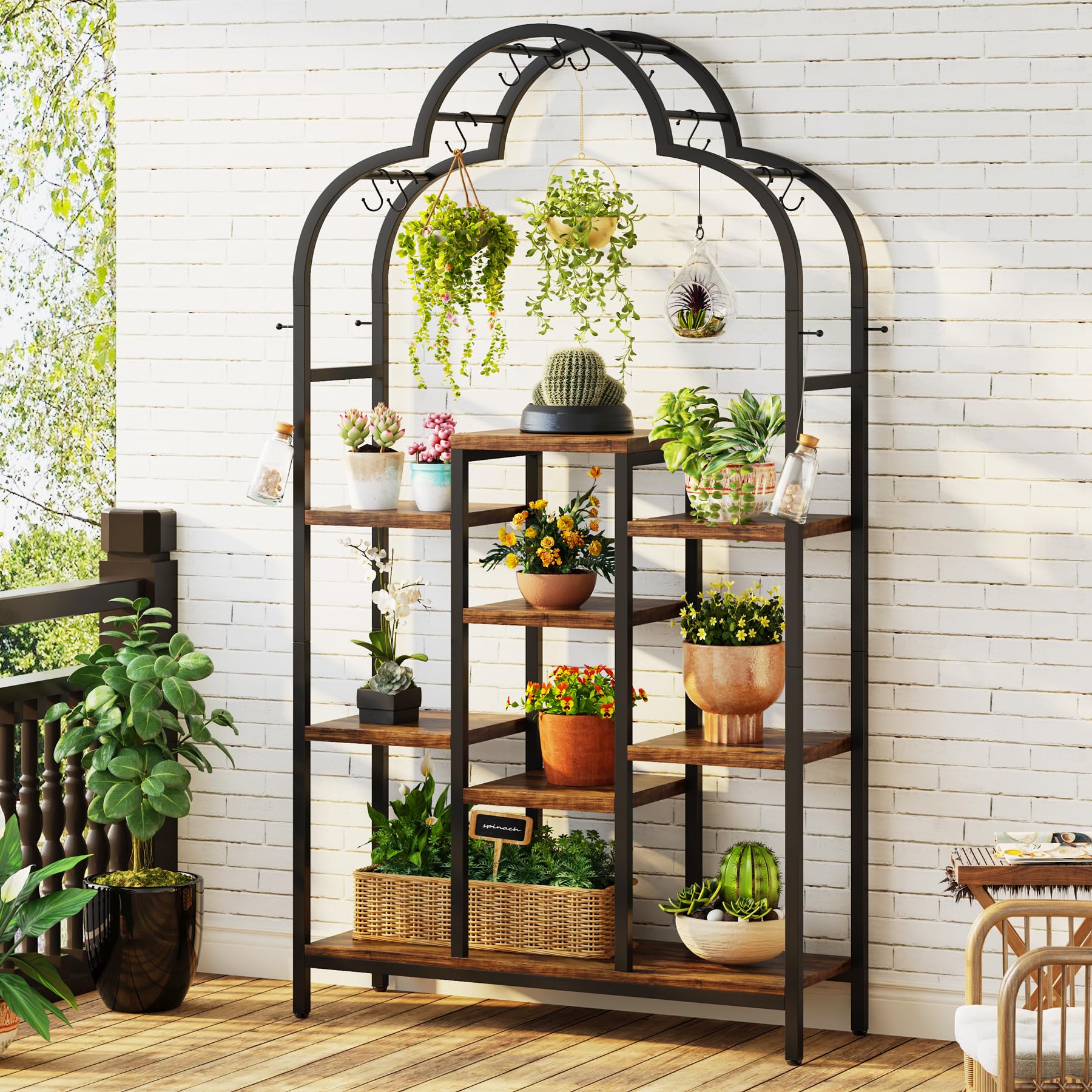 Tribesigns 6 -Tier Plant Stand Indoor, 74.8" Tall Arched Metal Plant Shelf with 10 Hanging Hooks, Multi-Purpose Large Flower Bonsai Pots Display Rack for Indoor, Garden, Balcony, Living Room, - WoodArtSupply