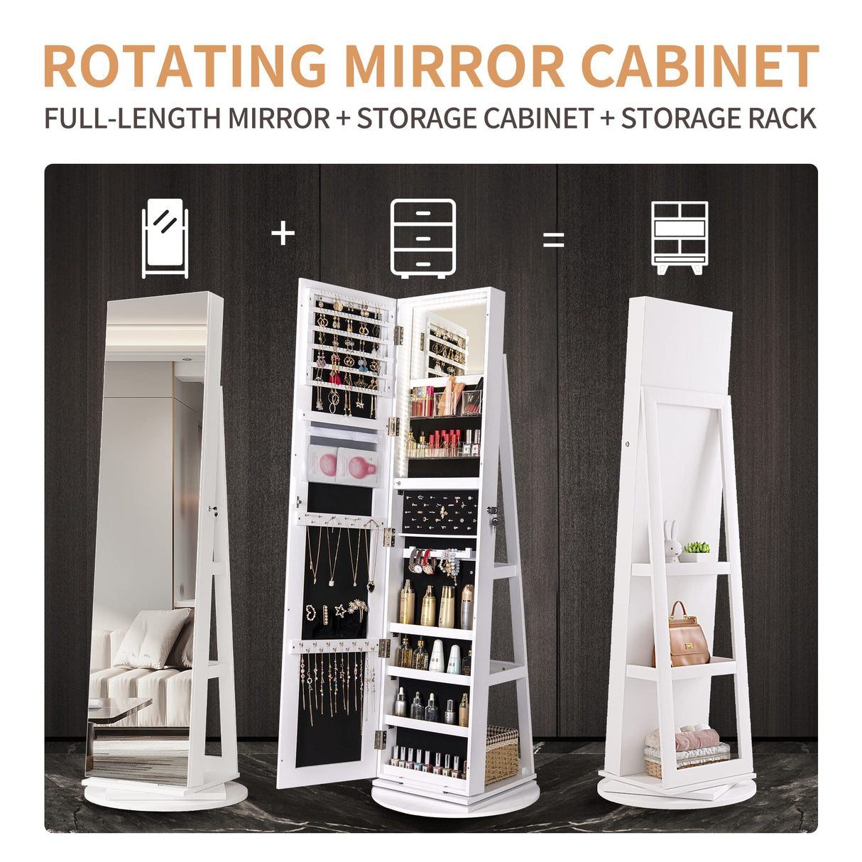 Kasibie Full Length Mirror Jewelry Armoire with LED Lights, Standing Mirror with Jewelry Storage, 360° Swivel Mirror with Storage, Jewelry Cabinet for Women Girl Gift Kasibie