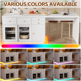 PAKASEPT Kitchen Island with Stationary Dining Table, 78.7" Storage Islands with LED Light, 4 Drawers, Open Shelves, 1 Cabinet, Power Outlet, Breakfast Bar Counter - Kitchen Table Coffee Bar PAKASEPT