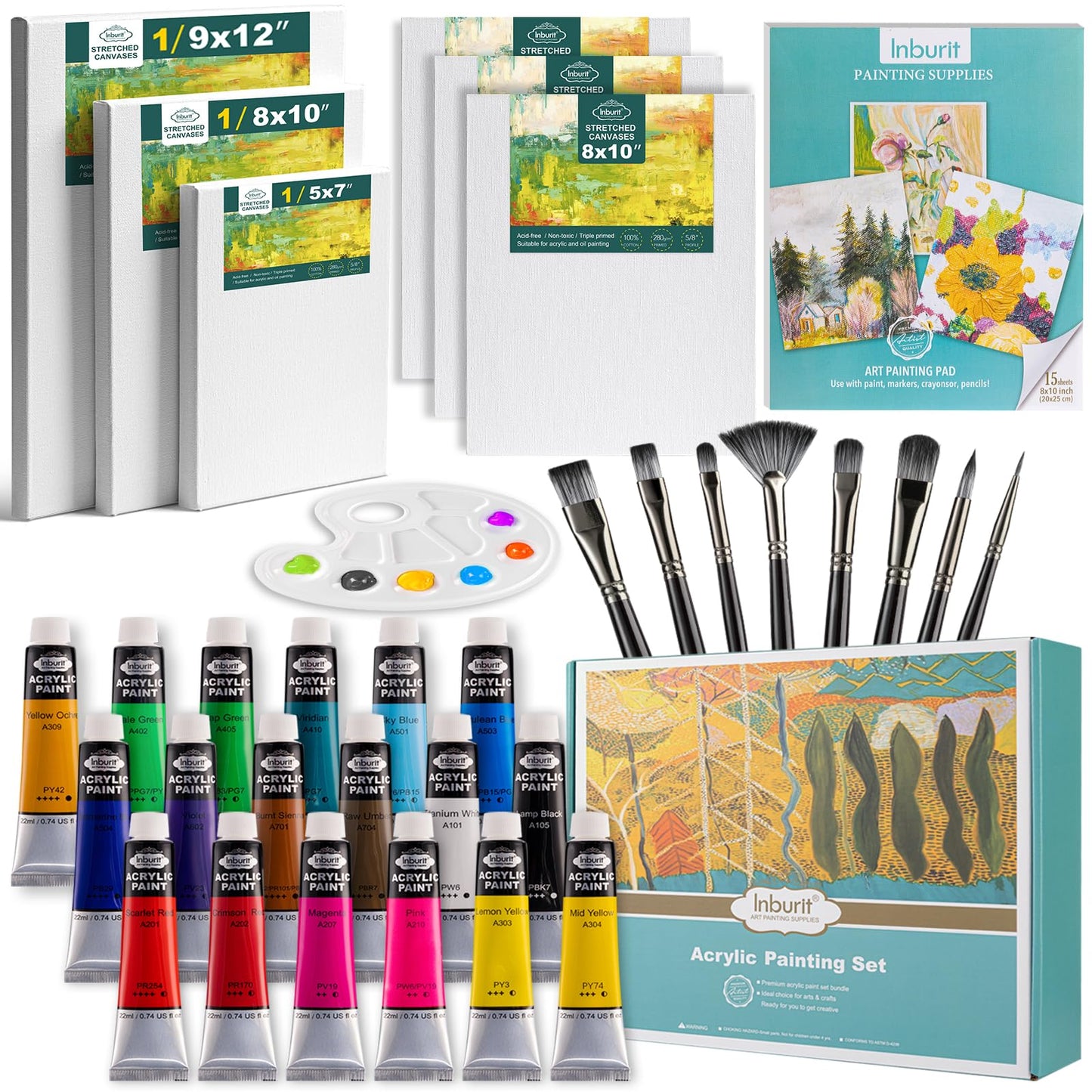 Inburit Painting Supplies Kit - Acrylic Paint Set for Adults & Kids with 6 Canvases, 18 Acrylic Paints(22ml), 8 Brushes, 1Painting pad, Palette, Deluxe Art Paint Set for Student and Artist