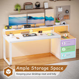 HOMBCK 67” White Desk with 3 Drawers and Storage, Reversible White Office Desk Computer Desk with Monitor Stand, Home Office Desk with LED Strips and Printer Standfor Bedroom HOMBCK