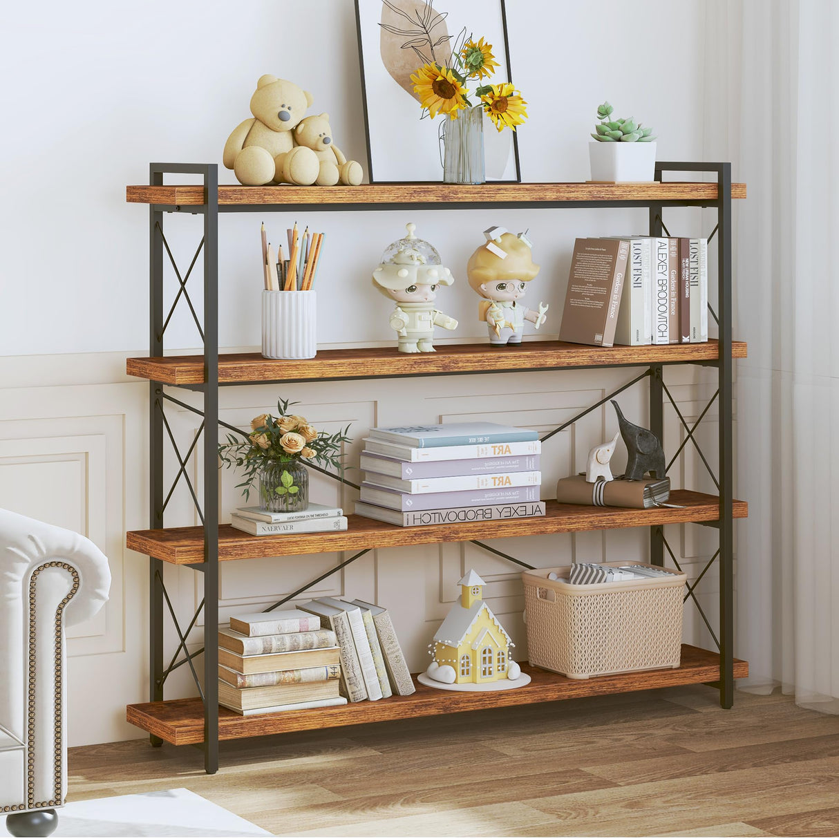 HCHQHS Large Bookshelf, 4-Tier Long Industrial Bookcase, Rustic Brown Book Shelf, Freestanding Horizontal Bookshelves with Metal Frame HCHQHS