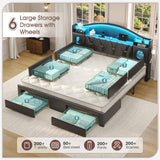 King Size Bed Frame,Platform Bed Frame King Size with 6 Storage Drawers & Headboard, King Bed with LED Lights&Charging Station,Sturdy Metal Slats,Noise-Free,No Box Spring Needed,Easy Assembly,PU Black Tagafi