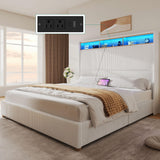 DWVO Queen Size Corduroy Upholstered Platform Bed Frame with Charging Station and RGB LED Lights, 53’’ Tall Storage Wingback Headboard, No Box Spring Needed, Easy Assembly, Noise-Free, White DWVO