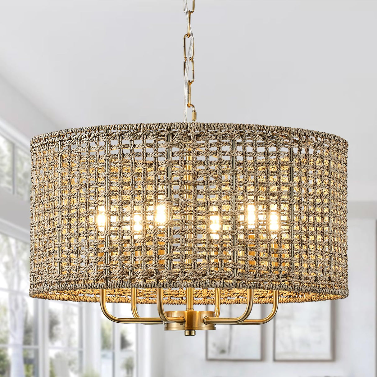 Giutna 20" Rattan Hand-Woven Boho Chandelier for Dining Room, 6-Light Rattan Drum Wicker Farmhouse Chandelier Large Vintage Chandelier Pendant Light Fixture for Kitchen Island Entryway(Gold) Giutna