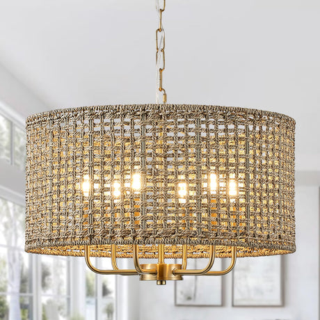 Giutna 20" Rattan Hand-Woven Boho Chandelier for Dining Room, 6-Light Rattan Drum Wicker Farmhouse Chandelier Large Vintage Chandelier Pendant Light Fixture for Kitchen Island Entryway(Gold) Giutna