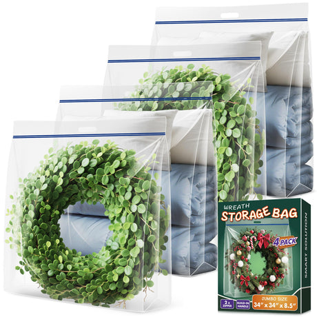 Extra Large Wreath Storage Bag, 34"x34"x8.5", Clear Storage Bag with Handle, Summer Christmas Decoration Garland Container for Seasonal Thanksgiving Holiday Artificial Wreath, 4 Pack VacPack