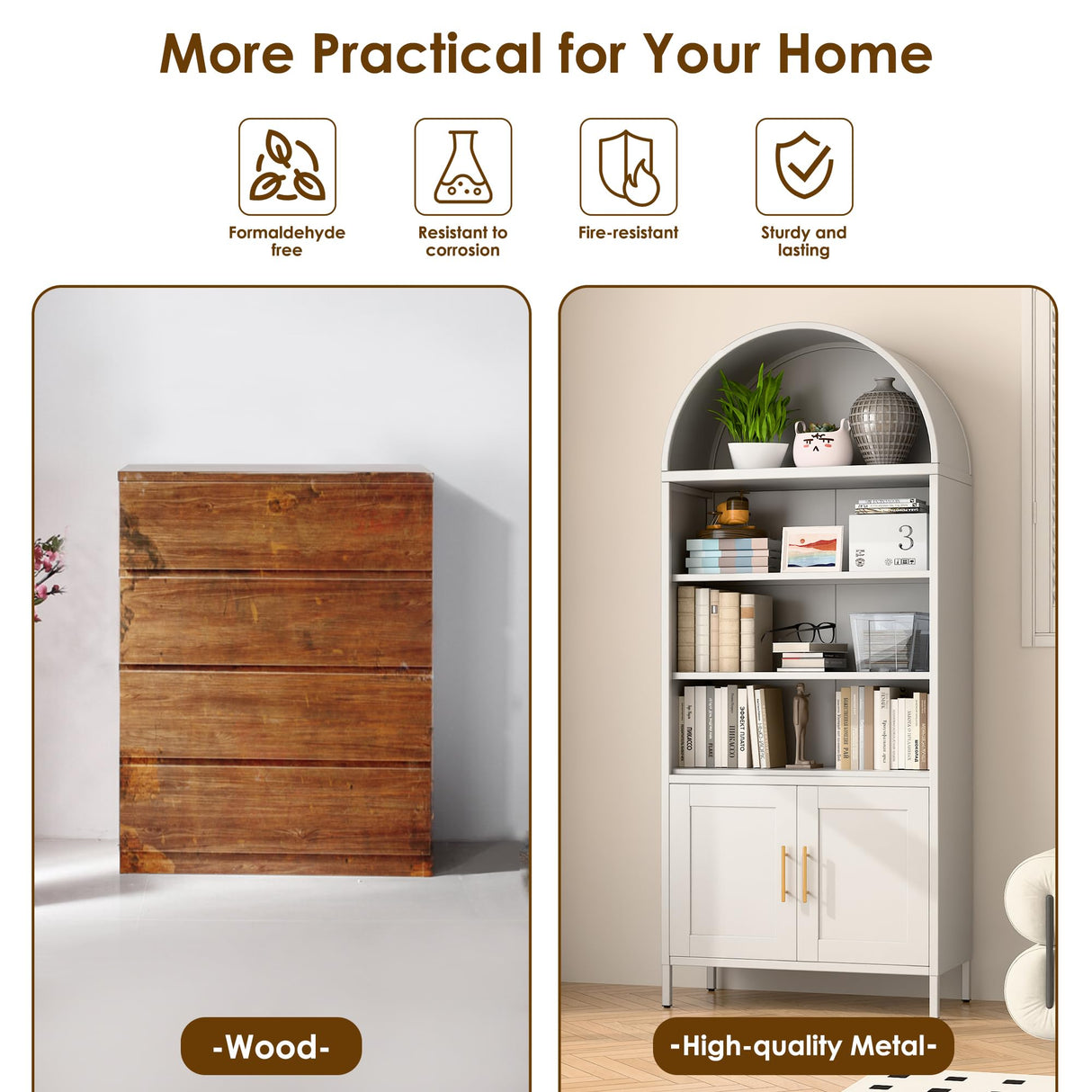 METALYEYE 73" H Metal Arched Cabinet, 5-Tier Arched Bookcase with 2 Doors, Modern Farmhouse Bookshelf with 2 Adjustable Shelves, Kitchen Pantry Cabinet for Living Room, Assembly Required, White METALYEYE