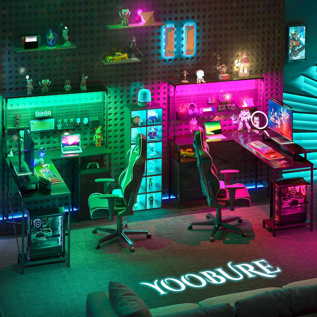 Yoobure L Shaped Desk with Pegboard, Reversible Computer Desk with Drawers & Storage Shelves, Gaming Desk with LED Lights & Power Outlets, Office Desk with Monitor Stand Corner Desk Home Office Desks Yoobure