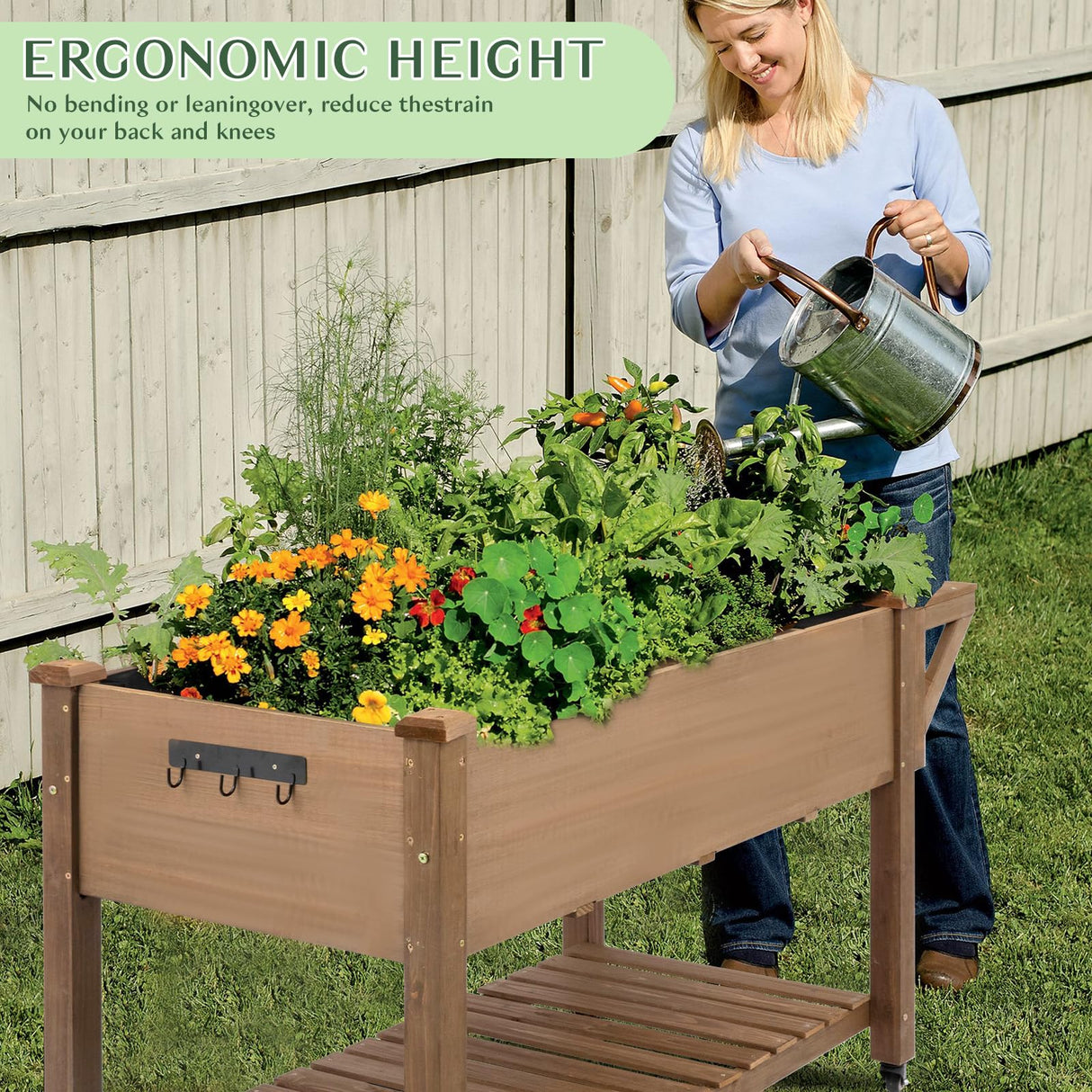 Raised Garden Bed Outdoor with Lockable Wheels, 55"x 24" x 33" Elevated Wood Planter Box for Backyard Balcony Patio , Garden Flower Beds with Drainage Holes & Storage Shelf, Gift for Gardening, Brown Magazoopet