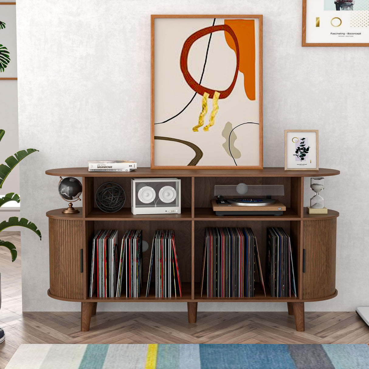 Large Walnut Record Player Stand with Charging Station, Mid-Century Turntable Stand Table, Vinyl Record Player Storage Cabinet for Bedroom, Living Room, Office Athuiline