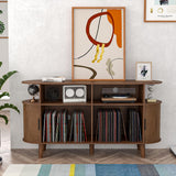 Large Walnut Record Player Stand with Charging Station, Mid-Century Turntable Stand Table, Vinyl Record Player Storage Cabinet for Bedroom, Living Room, Office Athuiline