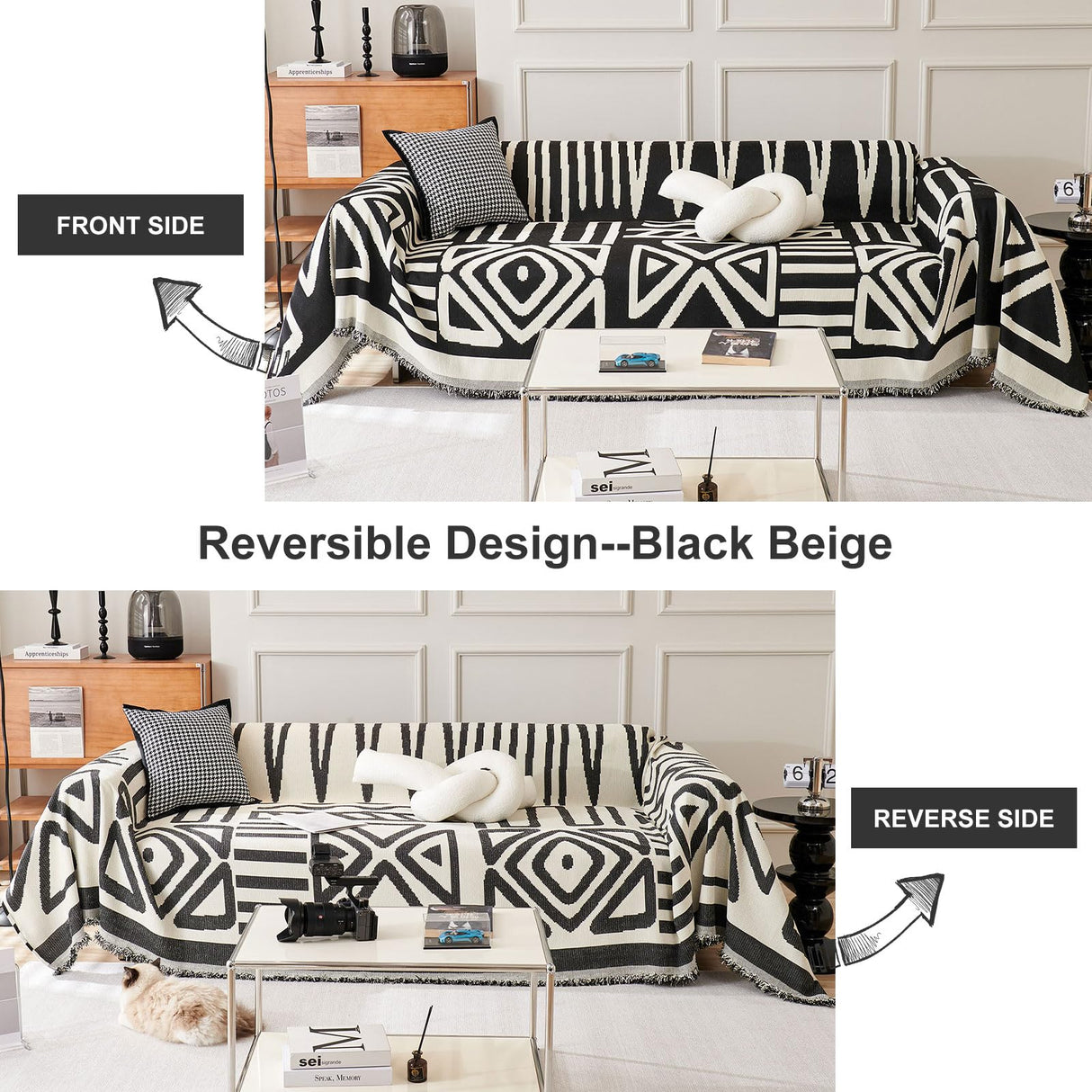 STACYPIK Thick Christmas Boho Couch Cover Chenille Cat Dog Anti-Scratch Sofa Cover Black White Plaid Sectional Couch Cover Washable Couch Protector for 2 Cushion Couch Futon Loveseat Cover-71x118IN STACYPIK
