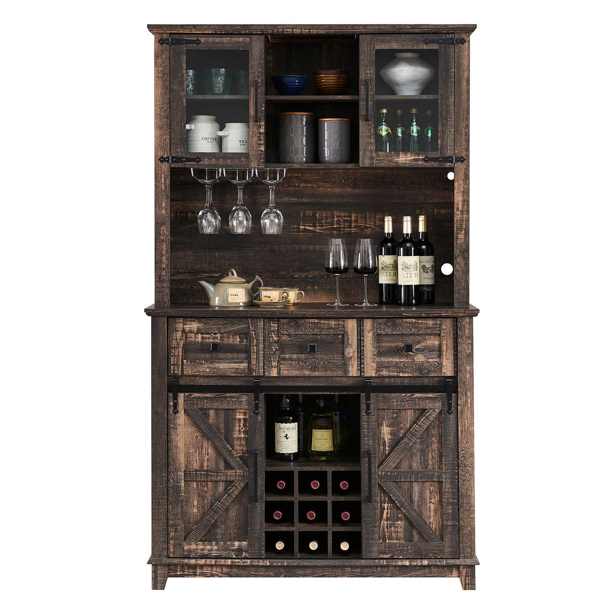AMERLIFE Coffee Bar Cabinet with Sliding Barn Door, 72'' Farmhouse Kitchen Sideboard, Buffet Storage Table, Wine Glass Racks, 3 Drawers, LED Lights, Tall Hutch Home Bar Dark Rustic Oak AMERLIFE