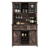 AMERLIFE Coffee Bar Cabinet with Sliding Barn Door, 72'' Farmhouse Kitchen Sideboard, Buffet Storage Table, Wine Glass Racks, 3 Drawers, LED Lights, Tall Hutch Home Bar Dark Rustic Oak AMERLIFE